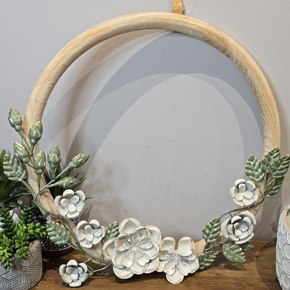 Lovely Wooden Wreath with Painted Metal Floral & Foliage Accents​​​​​